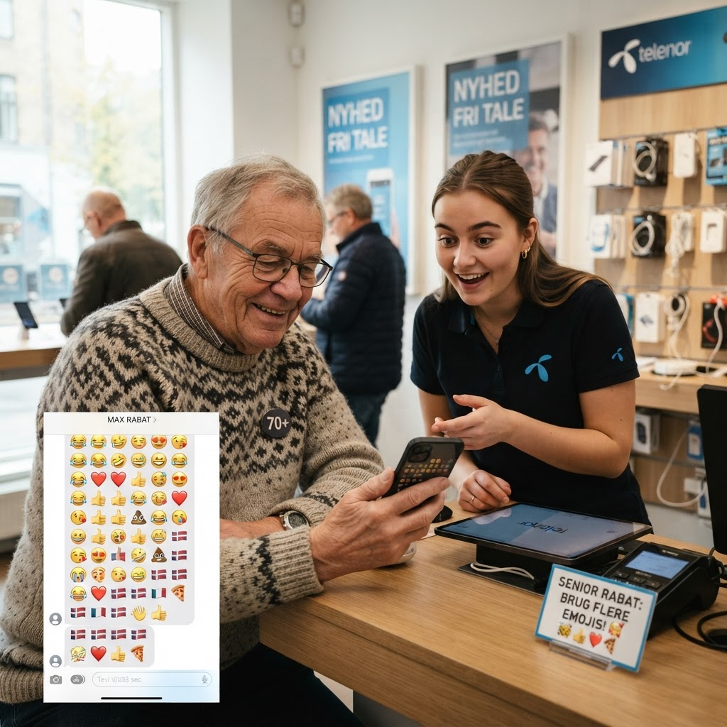AI-genereret illustration af en ældre mobilkunde med tommelfinger-emoji og rabat